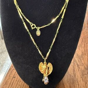 Kirks Folly Gold Tone Angel Cherub With Drop Crystal with 34" Necklace